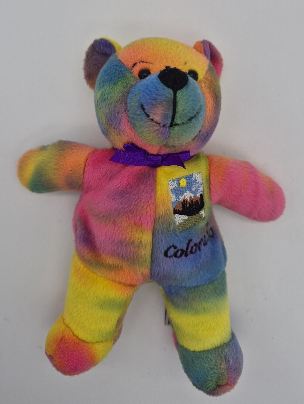 Rainbow Colorado Plush Bear with Purple Bow